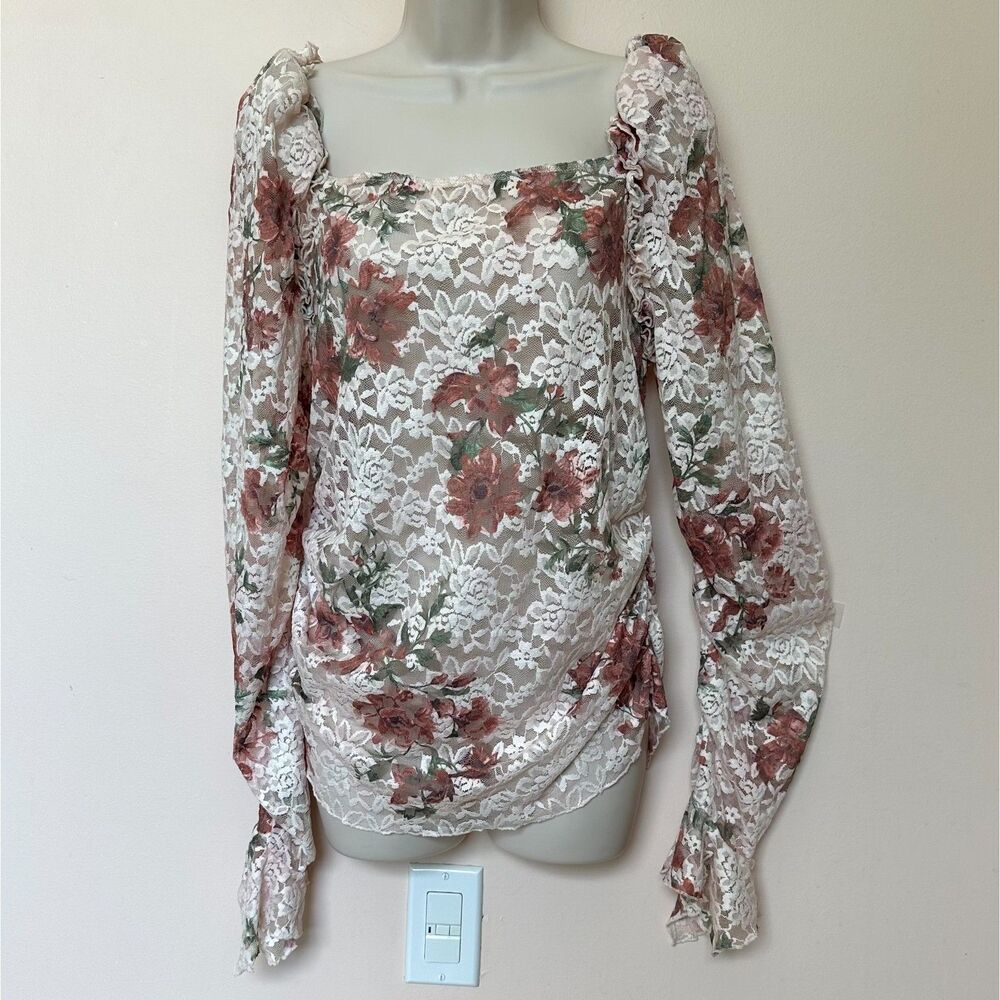 Anthropologie Top XL Sheer Long Sleeve Pullover Stretchy Floral Ruffle Coquette